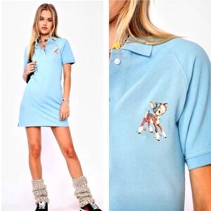 BSR SAMII RYAN Innocence Deer Fawn Print Short Sleeve Polo Mini Dress Blue Small
